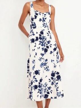 Old Navy White Midi Dress with Navy Floral Print Fit and Flare